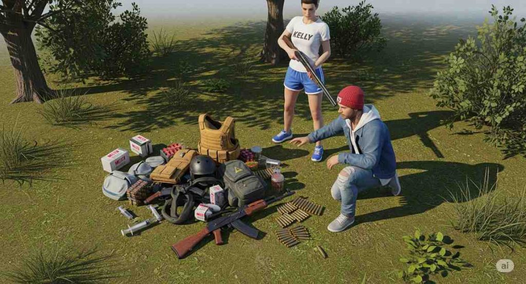 Free Fire Survival Loot items including medkits, mushrooms, inhalers, and gloo walls used for healing and survival