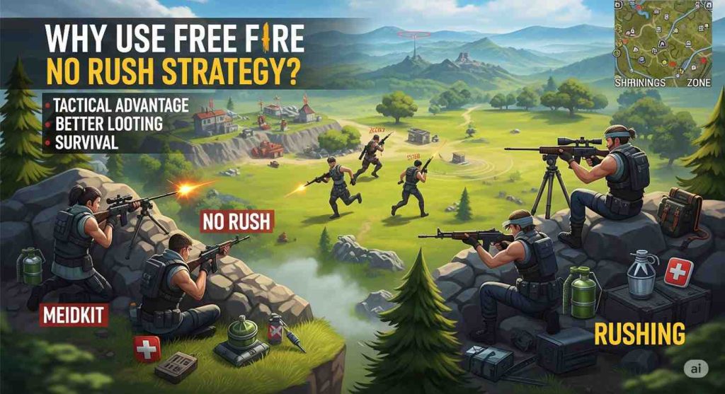 Benefits of using the Free Fire No Rush Strategy including safe rotations, survival tactics, and heal battle wins without aggressive combat