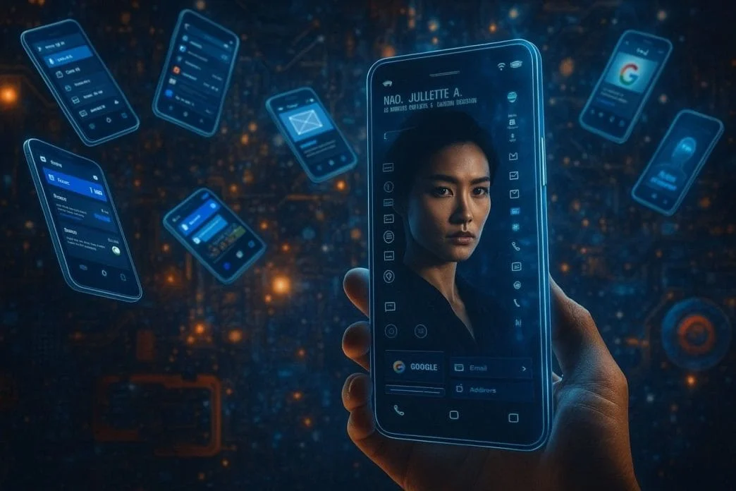 A futuristic hand-held smartphone scanning a digital profile amid floating smart devices