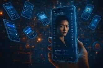 A futuristic hand-held smartphone scanning a digital profile amid floating smart devices