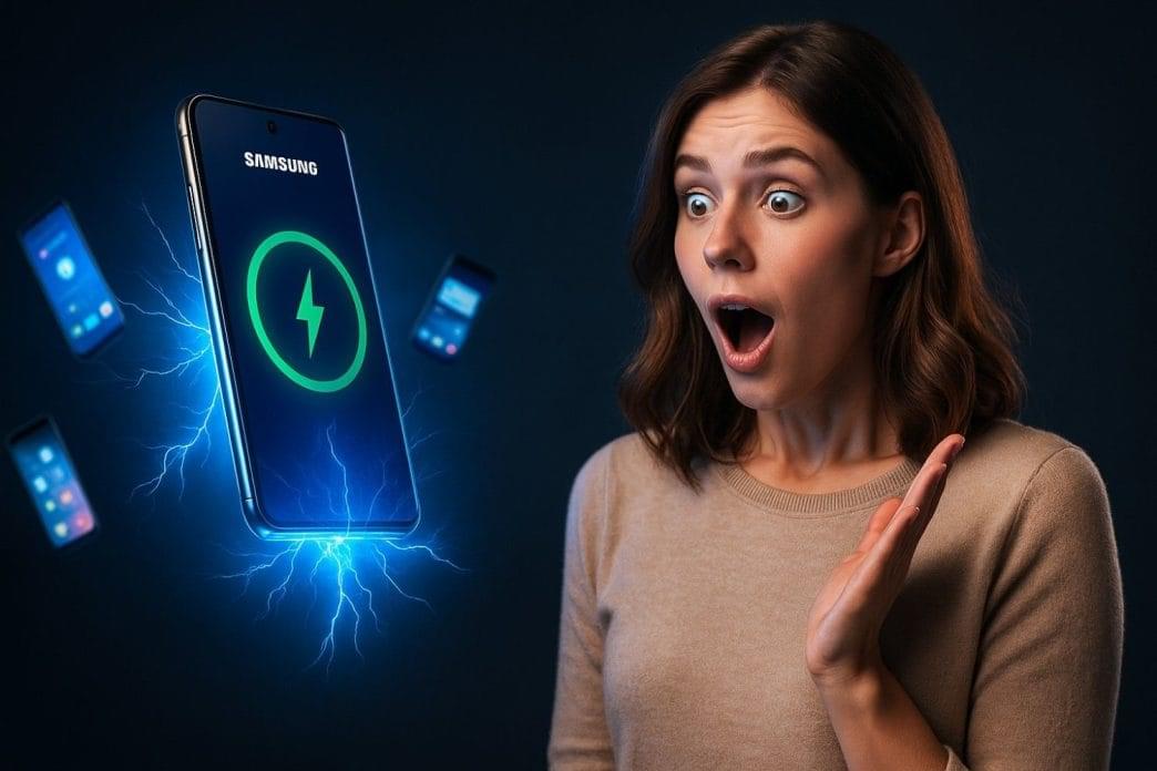 Samsung’s upcoming self-charging smartphone hovering over a wireless charging field with futuristic tech elements in the background