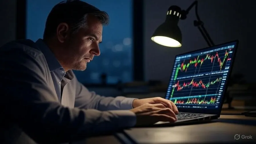 A digital graphic showing a trader working on a laptop and stock charts