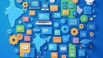 A smartphone displaying a collection of popular skill development apps in India for 2025 placed on a clean workspace.