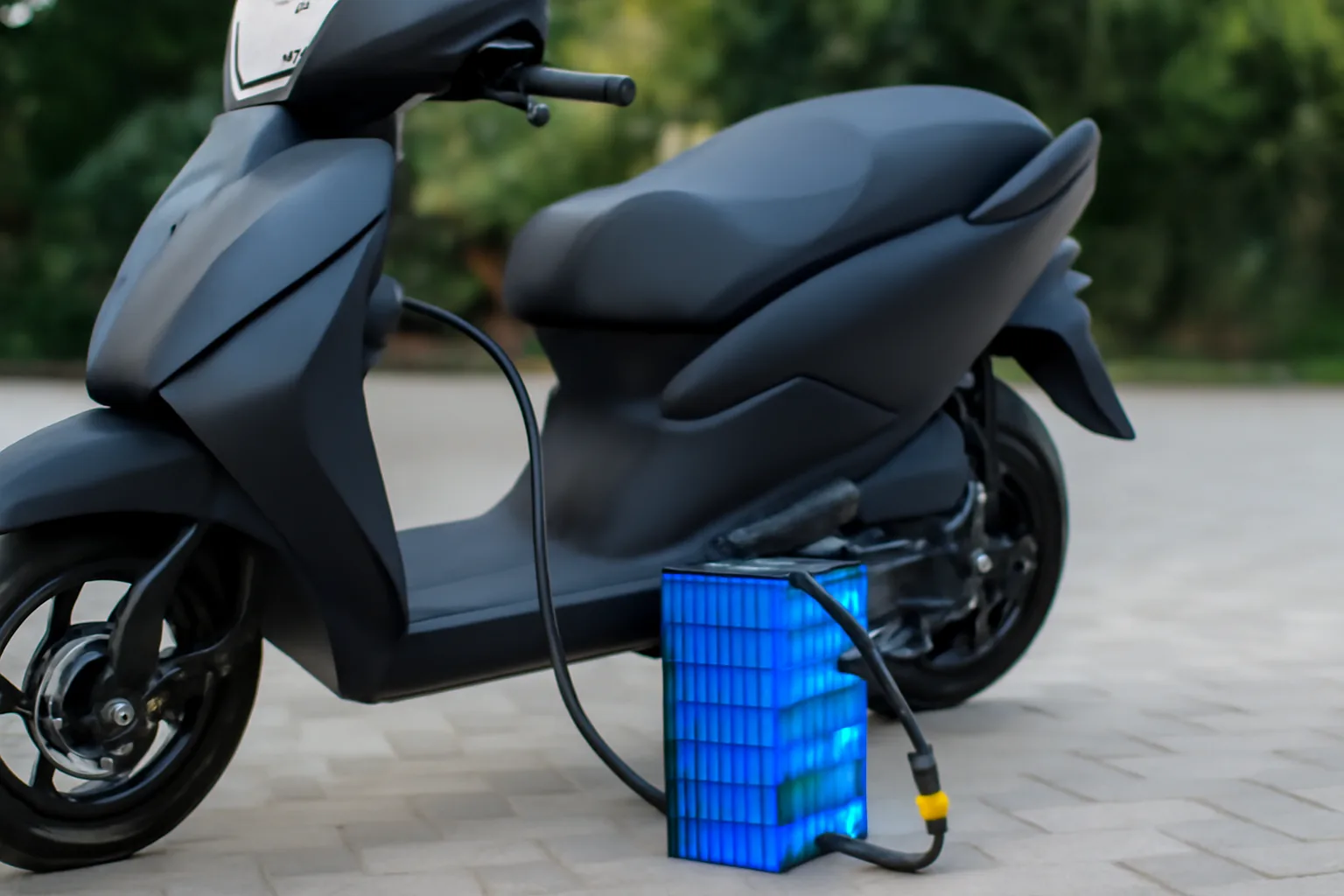A high-resolution image showing battery modules of a long range electric scooter in India.