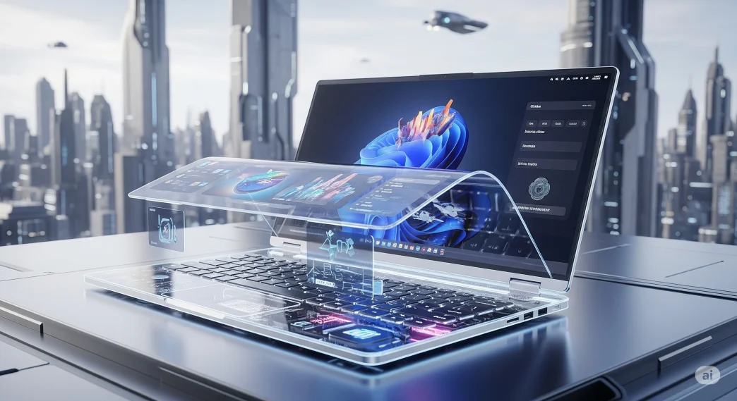Futuristic 2050 laptop with holographic display, foldable touchscreen, and AI integration on a sleek, minimal desk