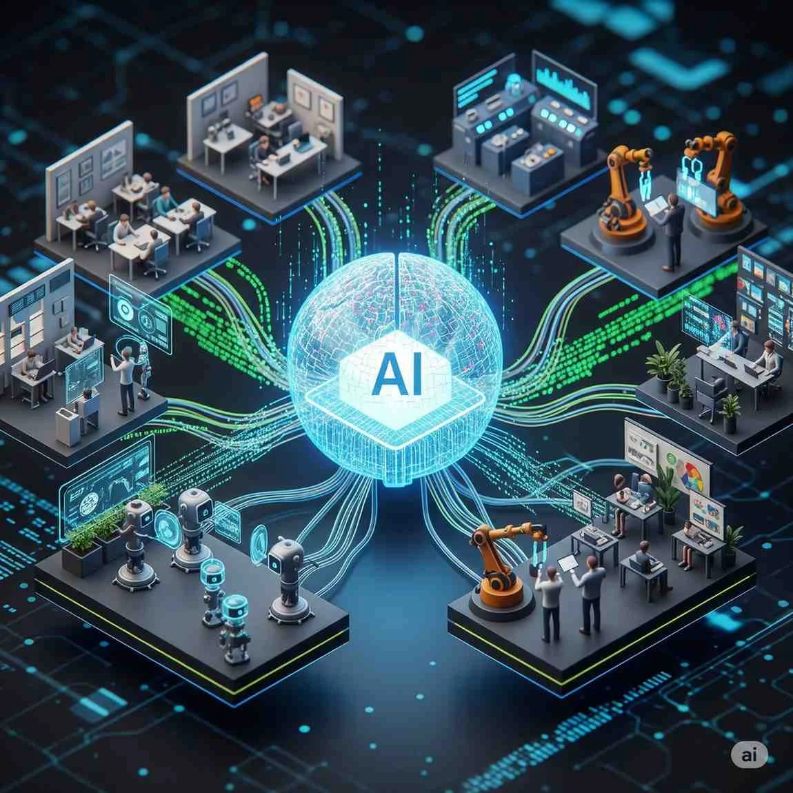 Concept art of AI technology automating tasks and collaborating with humans in a modern workplace