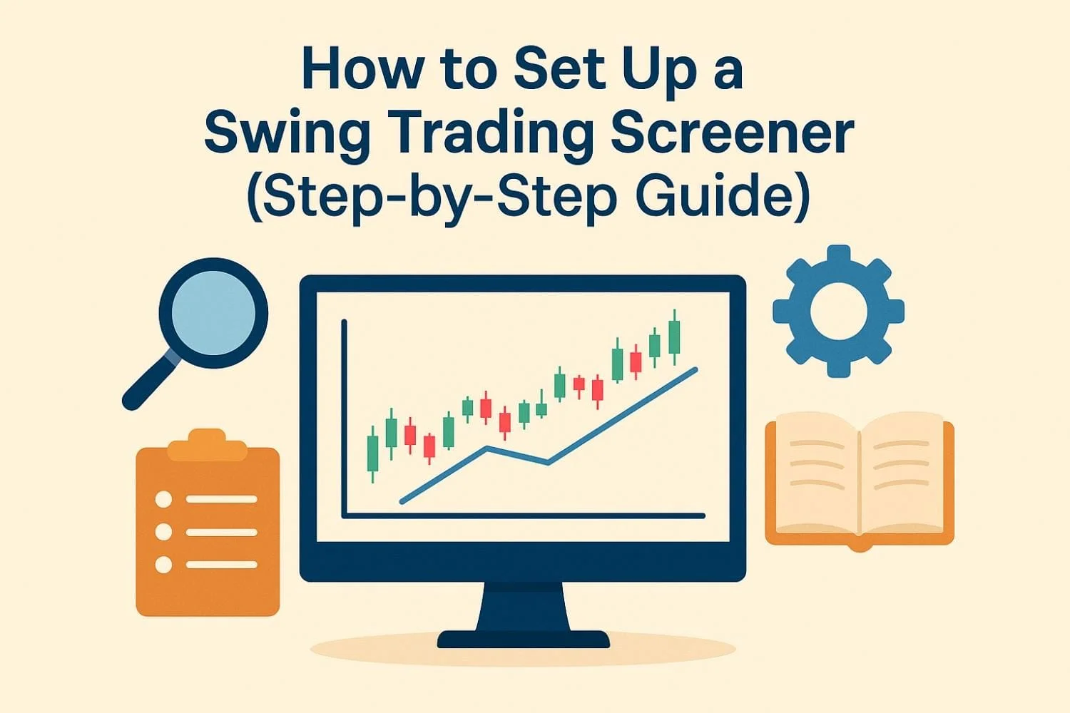 A trader configuring a swing trading screener on a multi-monitor setup, showing technical filter options like RSI, MACD, and moving averages for step-by-step setup