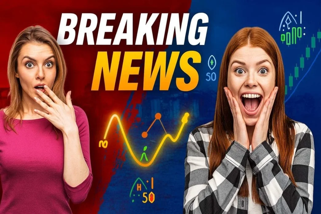 Excited women reacting to Nifty 50 stock market breaking news with bold text and chart visuals
