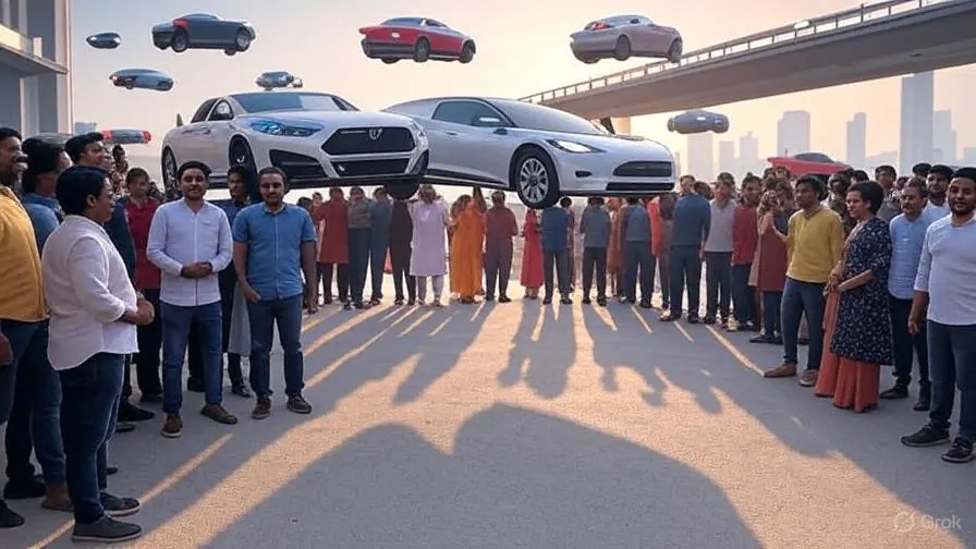 Crowd of Indian citizens watching a flying car land on a rooftop pad