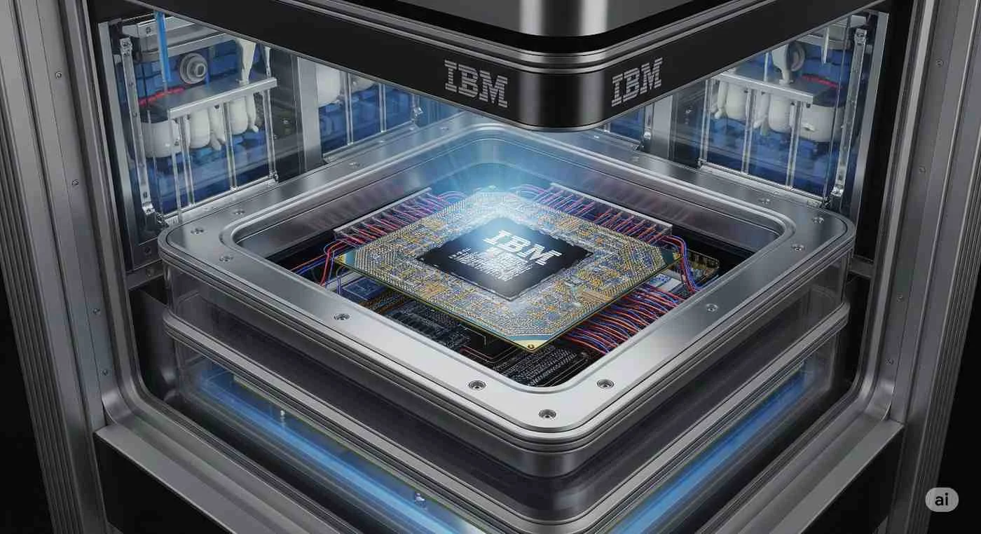 IBM quantum computer chip inside a supercooled refrigeration unit

