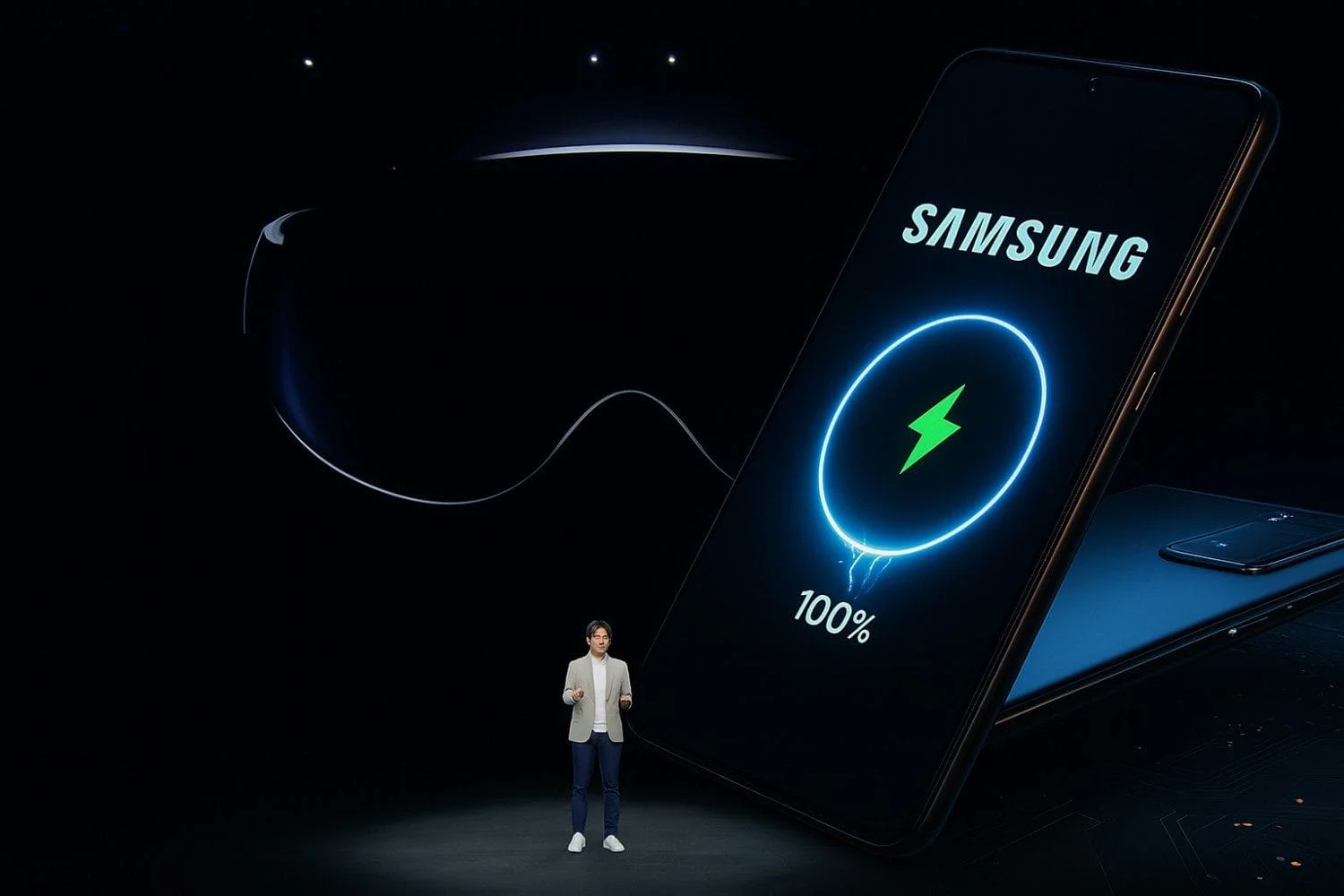 Big News from Samsung: A presenter stands on stage during a Samsung product launch event with a futuristic smartphone display in the background
