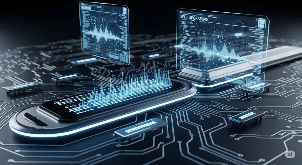 Illustration of a device automatically upgrading its software and hardware components with AI integration.laptops