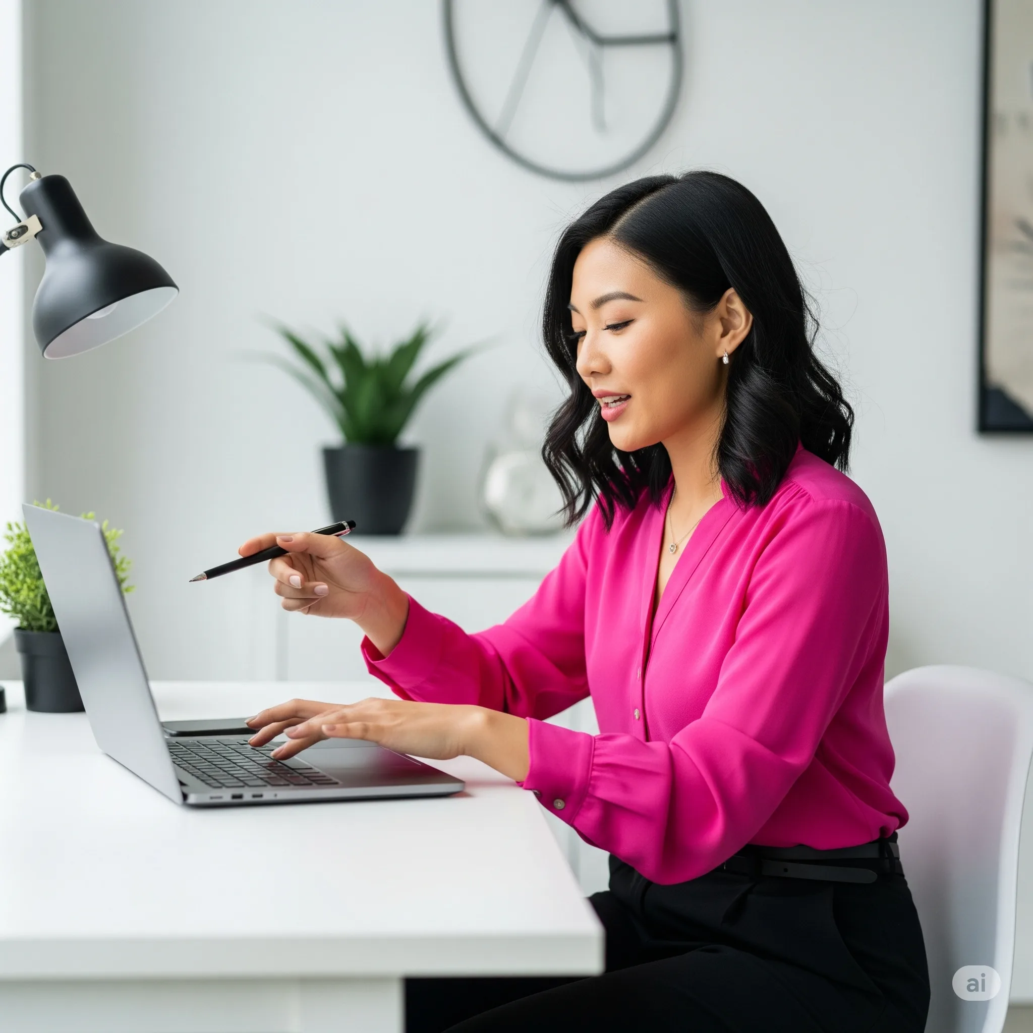 woman improving online typing job productivity at home workspace