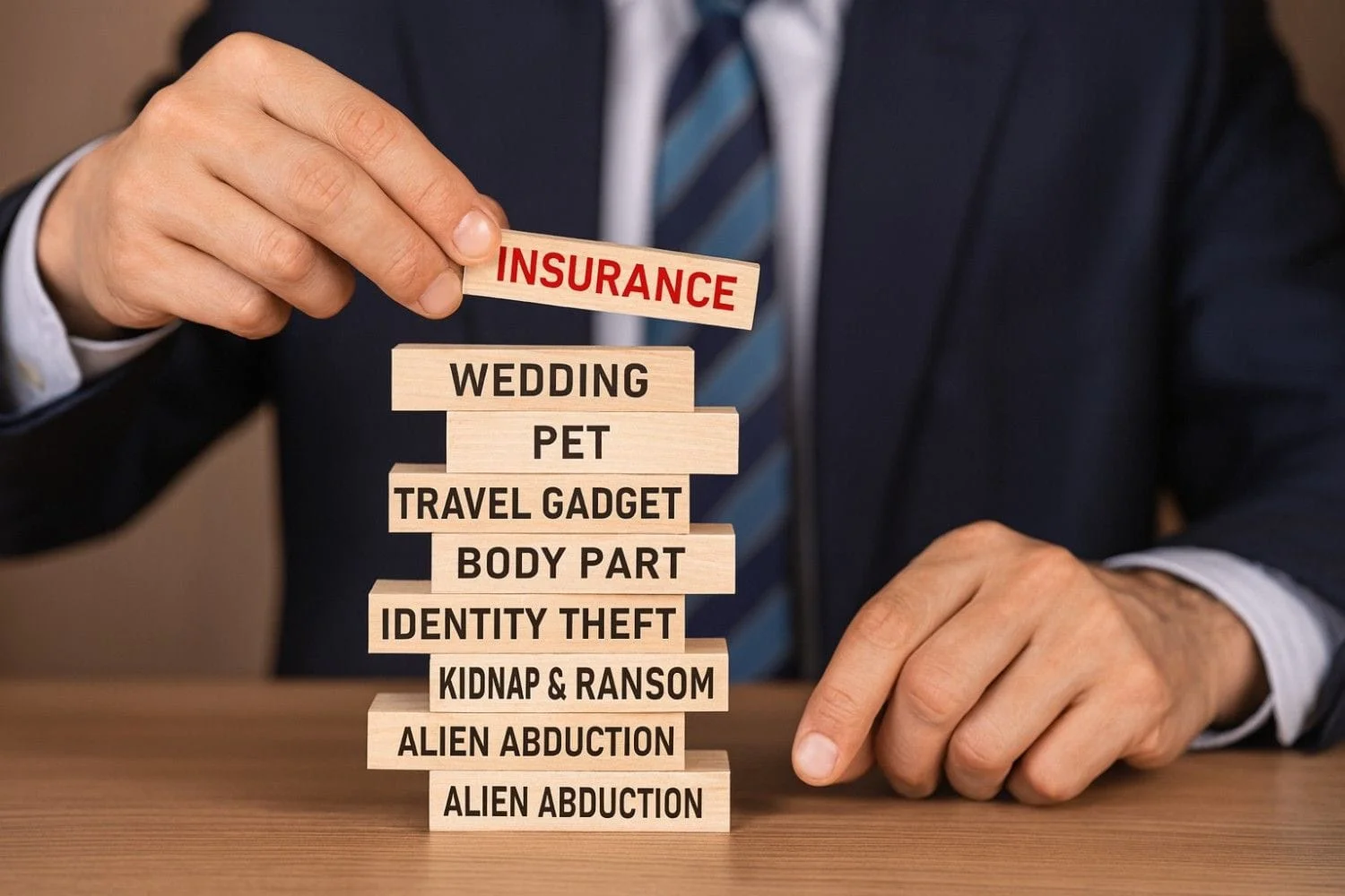 Jenga-style wooden blocks labeled with unknown types of insurance like wedding, pet, gadget, and alien abduction stacked by a businessman.