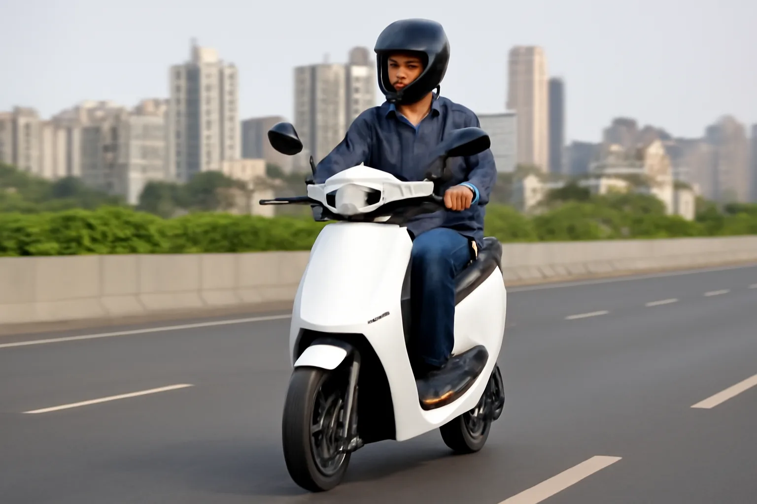 Indian rider using a long range electric scooters on a city road