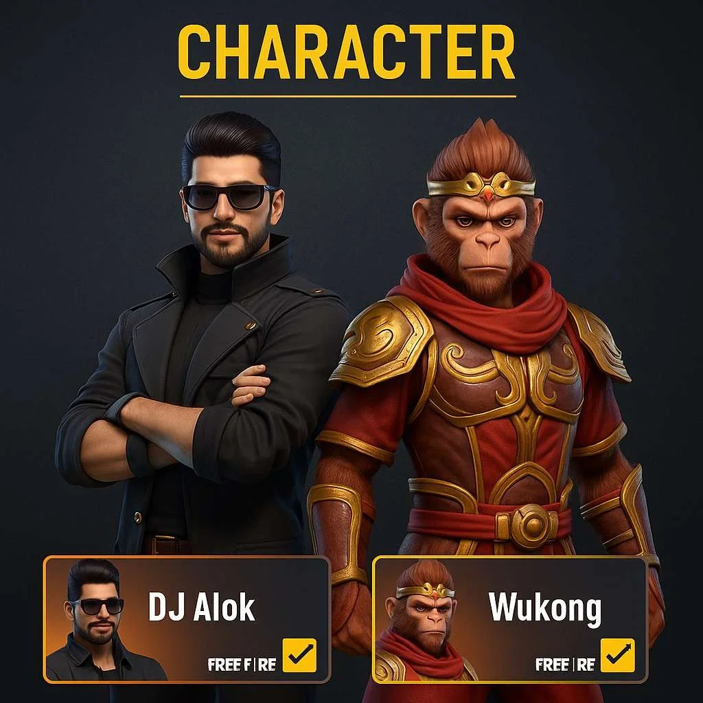 DJ Alok and Wukong selected on Free Fire character screen