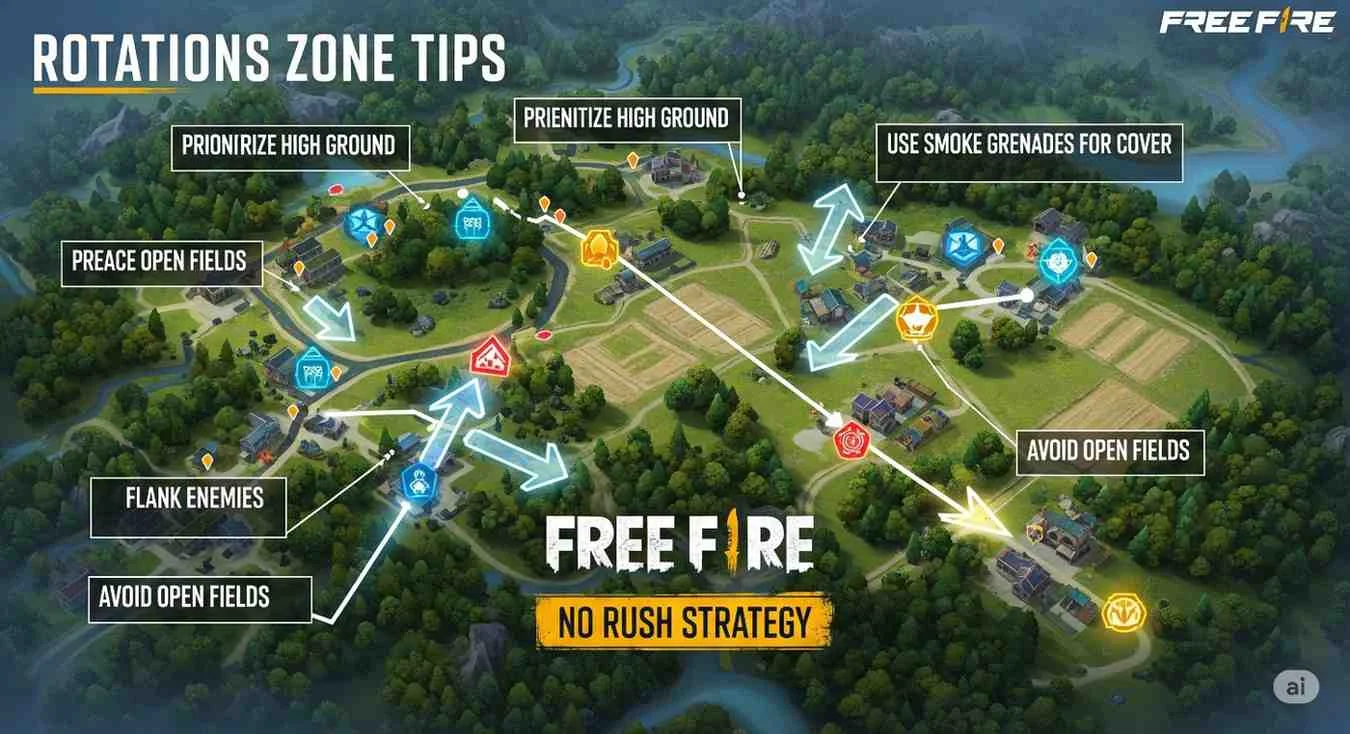 Rotation and zone tips for Free Fire No Rush Strategy showing safe movement paths, edge zone play, and healing positions
